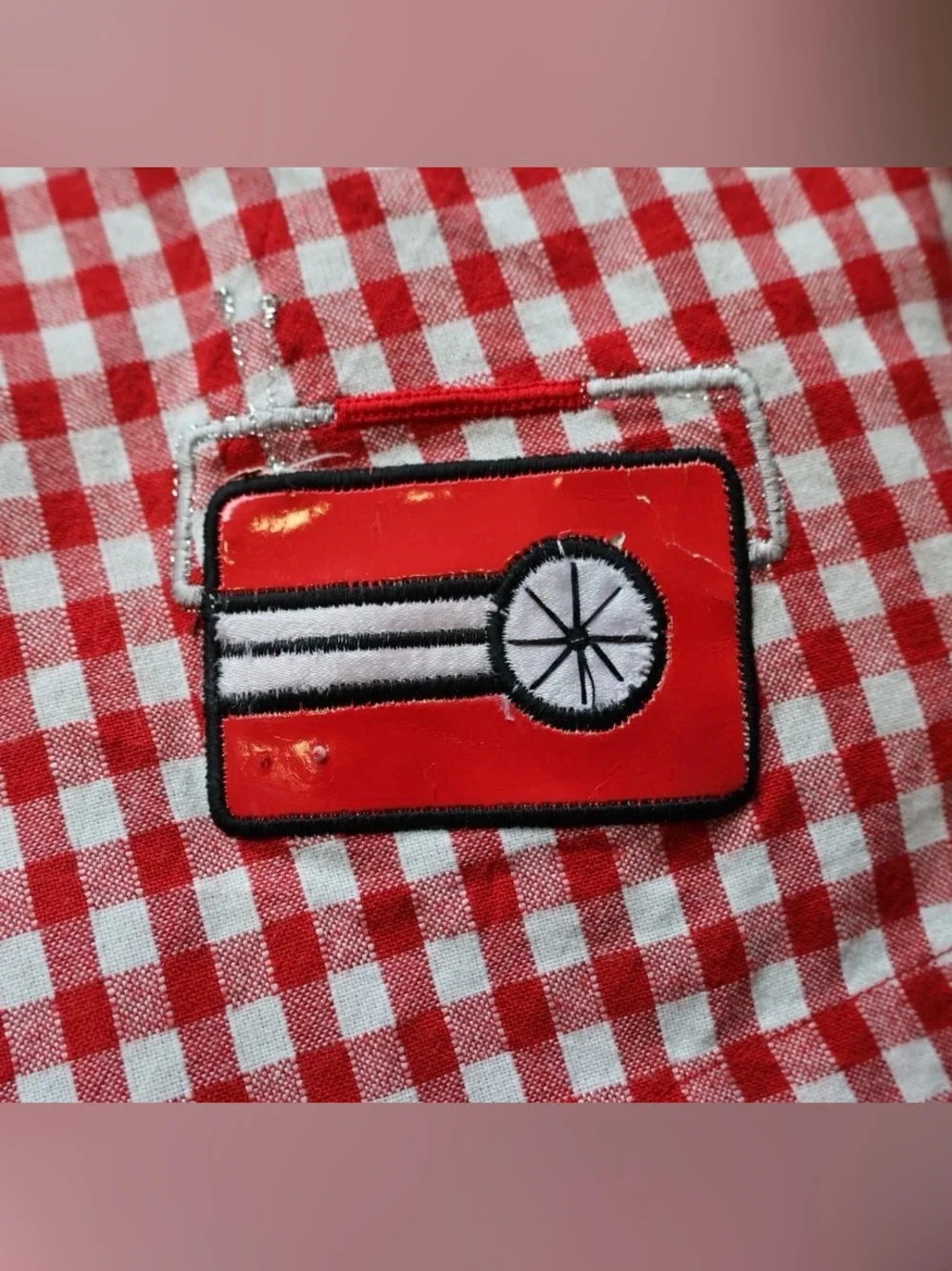 Red Gingham Picnic Novelty Applique Rockabilly Blouse Top Womens Large - Picture 10 of 16